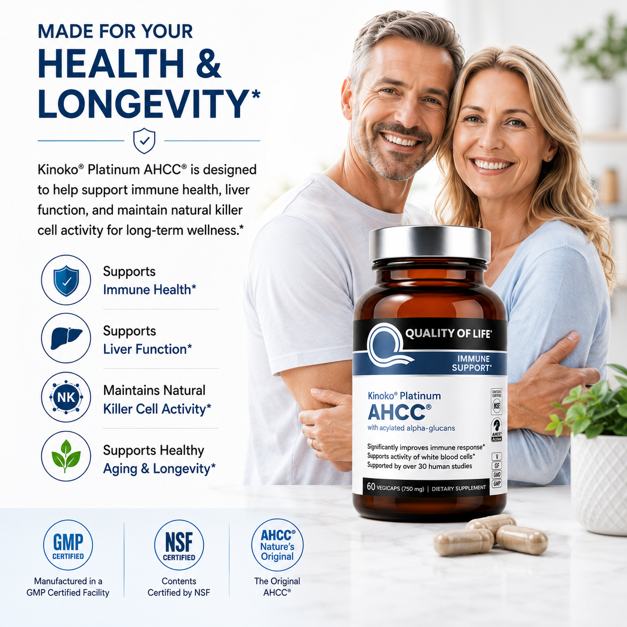 Kinoko Platinum AHCC 750mg Clinically Proven Immune Support, Natural Killer Cell Activity