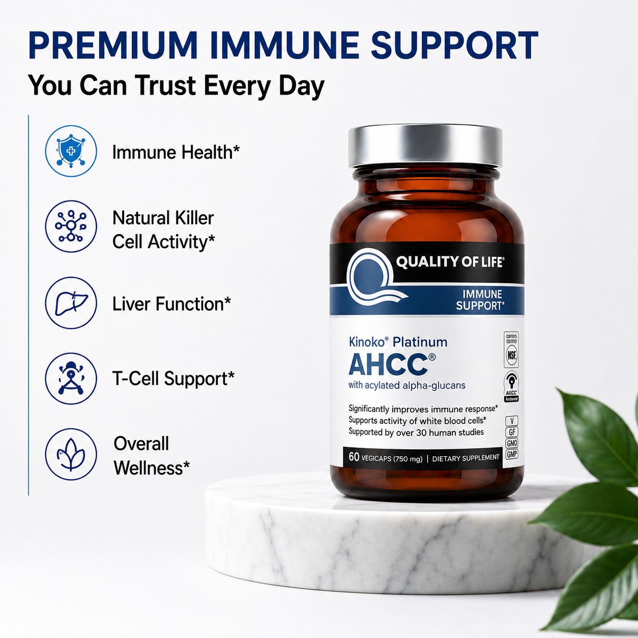 Kinoko Platinum AHCC 750mg Clinically Proven Immune Support, Natural Killer Cell Activity