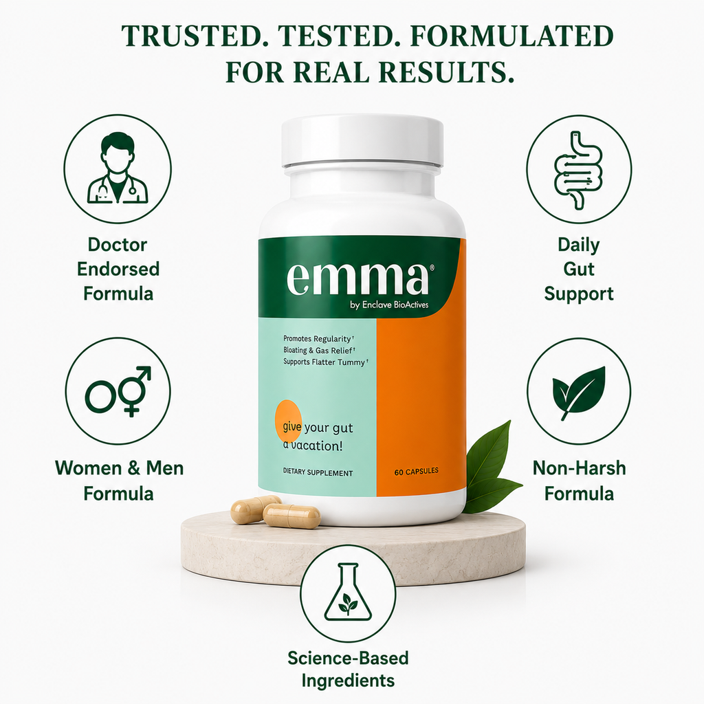 Emma Gut Health Supplement.  Constipation, Gas & Bloating Relief  Berberine, Resveratrol & Quercetin, Dr. Endorsed