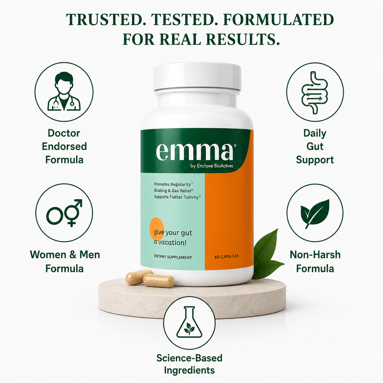 Emma Gut Health Supplement.  Constipation, Gas & Bloating Relief  Berberine, Resveratrol & Quercetin, Dr. Endorsed