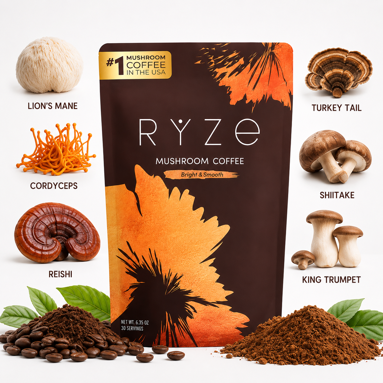 RYZE Organic Mushroom Coffee – Lion's Mane & Turkey Tail. Energy  Focus & Gut Health