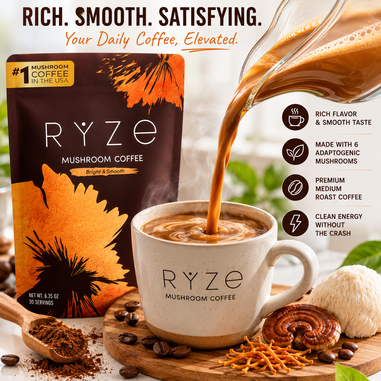 RYZE Organic Mushroom Coffee – Lion's Mane & Turkey Tail. Energy  Focus & Gut Health