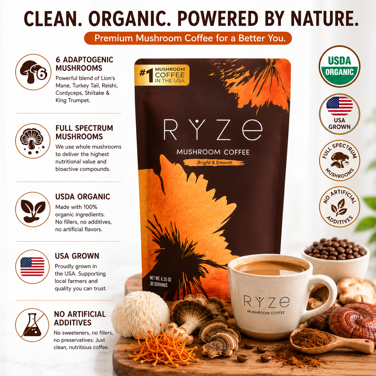 RYZE Organic Mushroom Coffee – Lion's Mane & Turkey Tail. Energy  Focus & Gut Health