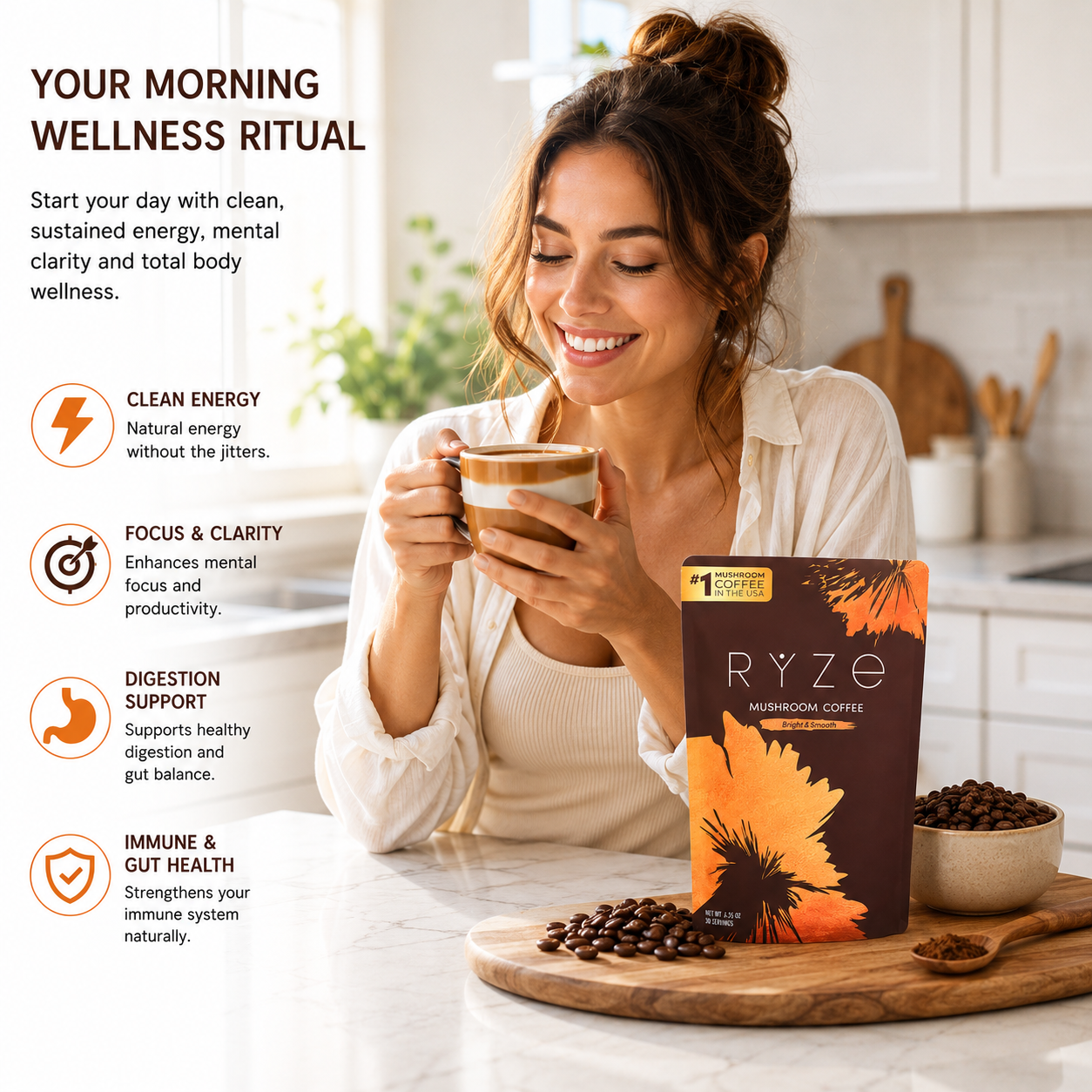RYZE Organic Mushroom Coffee – Lion's Mane & Turkey Tail. Energy  Focus & Gut Health