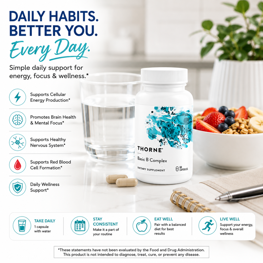 THORNE Basic B-Complex Supports Cellular Energy Production, Brain Health & Red Blood Cell Formation
