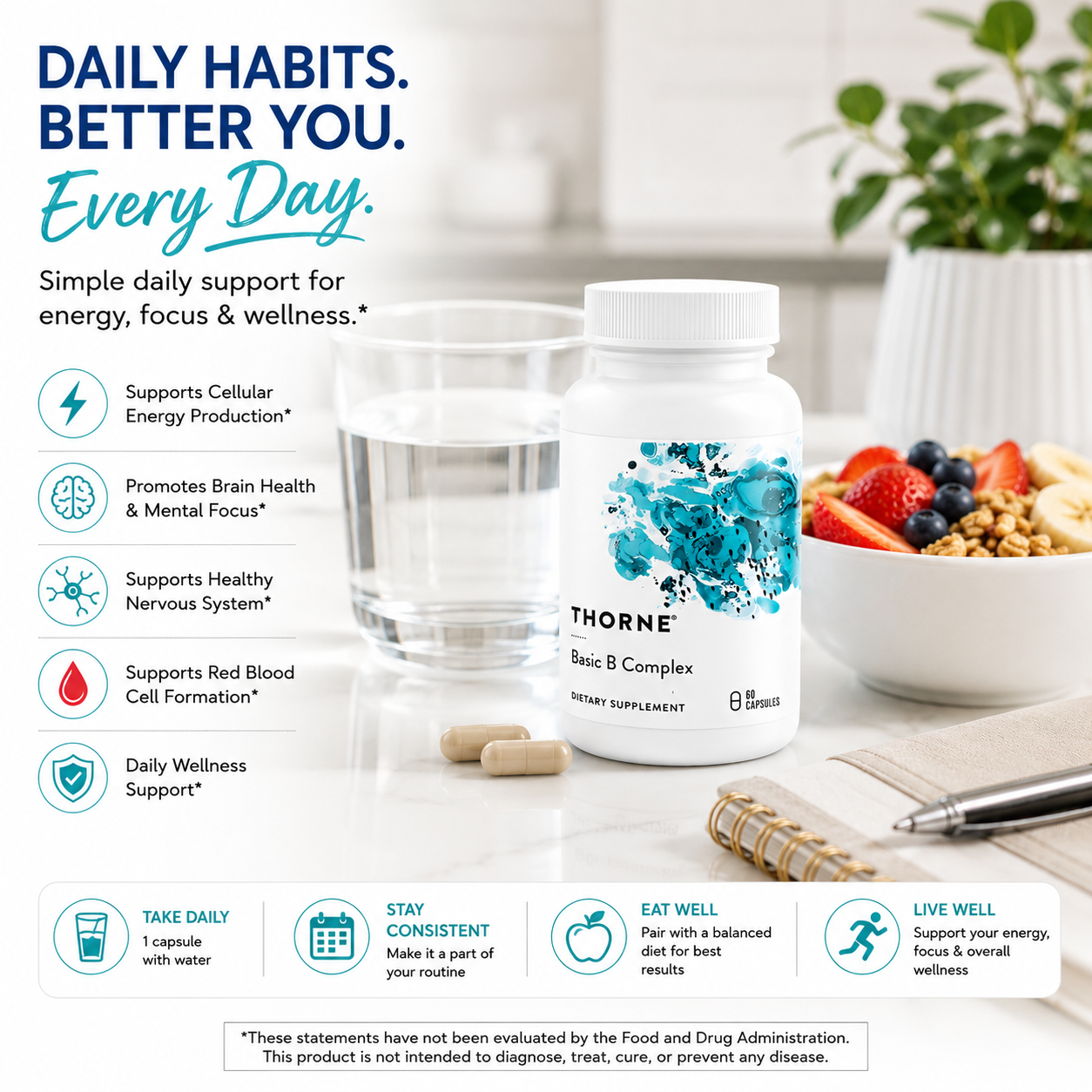 THORNE Basic B-Complex Supports Cellular Energy Production, Brain Health & Red Blood Cell Formation