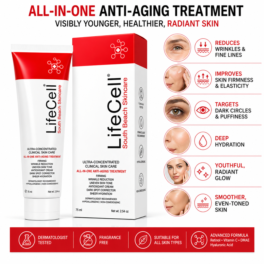 LifeCell All-In-One Anti-Aging Cream, Retinol, Vitamin C & Hyaluronic Acid, Reduces Wrinkles & Dark Circles.