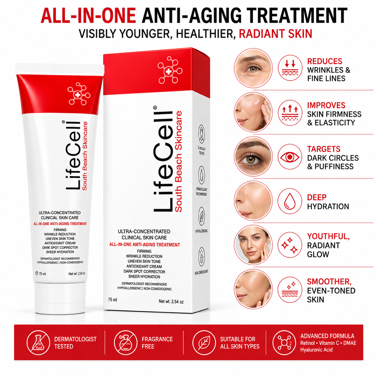 LifeCell All-In-One Anti-Aging Cream, Retinol, Vitamin C & Hyaluronic Acid, Reduces Wrinkles & Dark Circles.