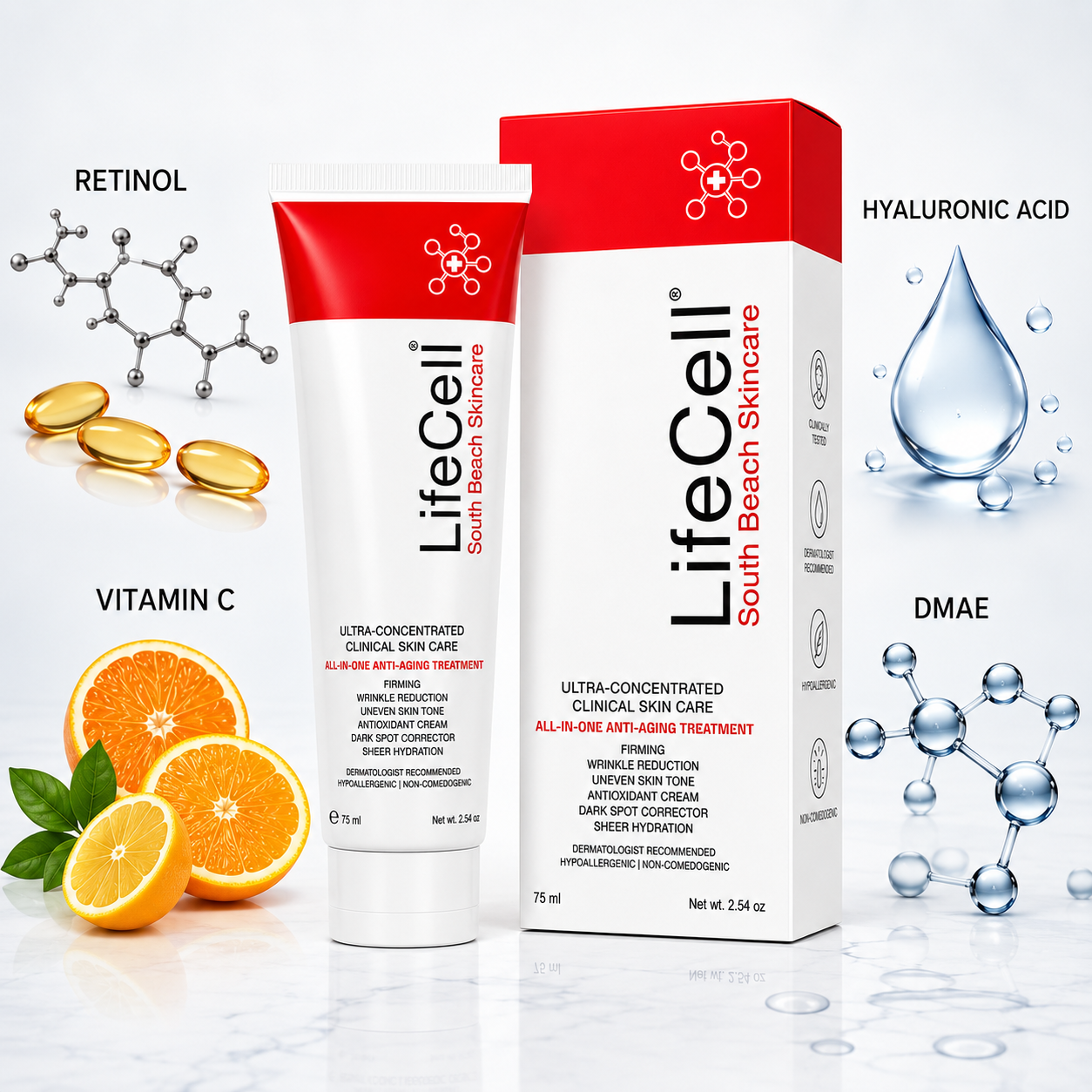 LifeCell All-In-One Anti-Aging Cream, Retinol, Vitamin C & Hyaluronic Acid, Reduces Wrinkles & Dark Circles.