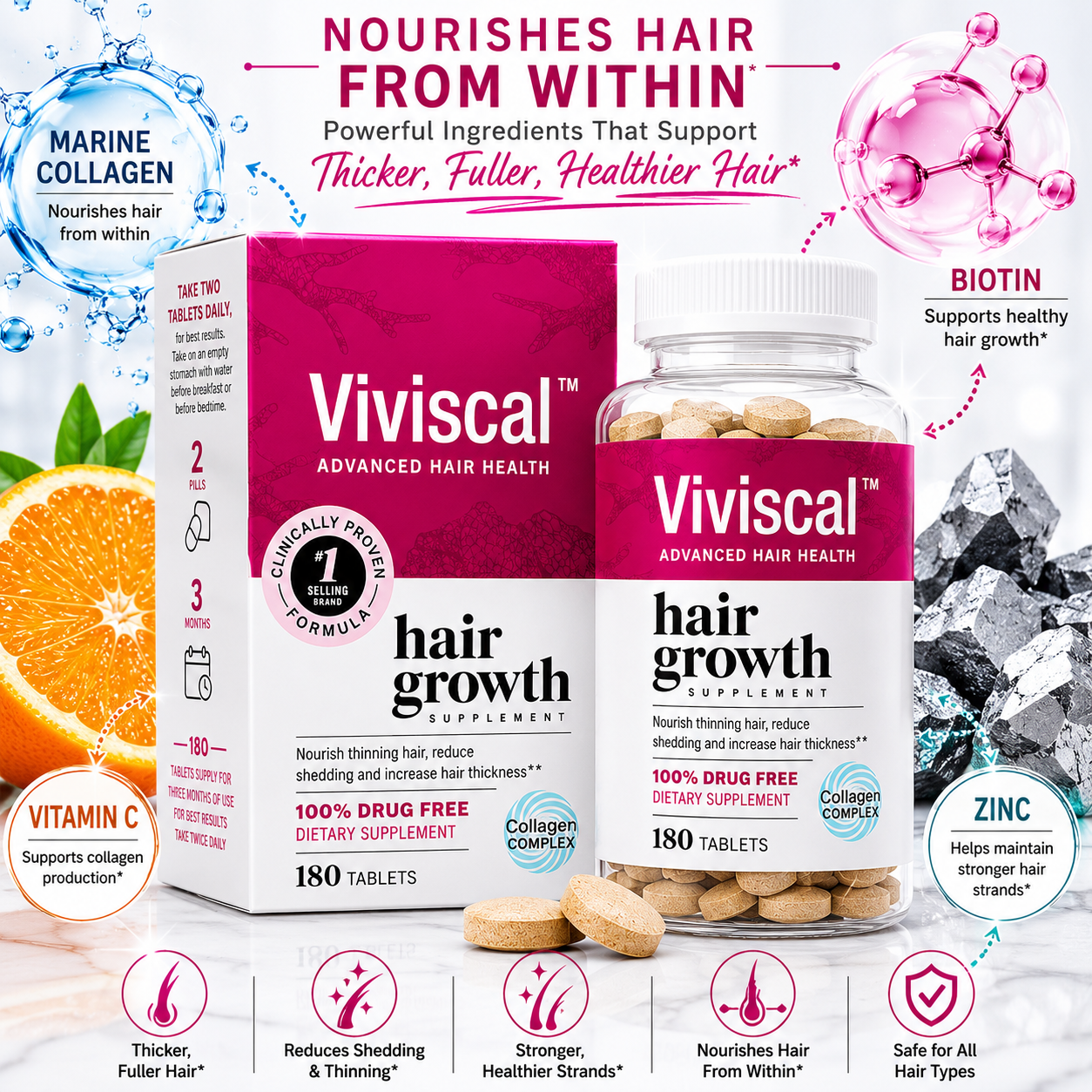Viviscal Thicker Fuller Hair Growth Supplements for Women, with Biotin and Marine Collagen