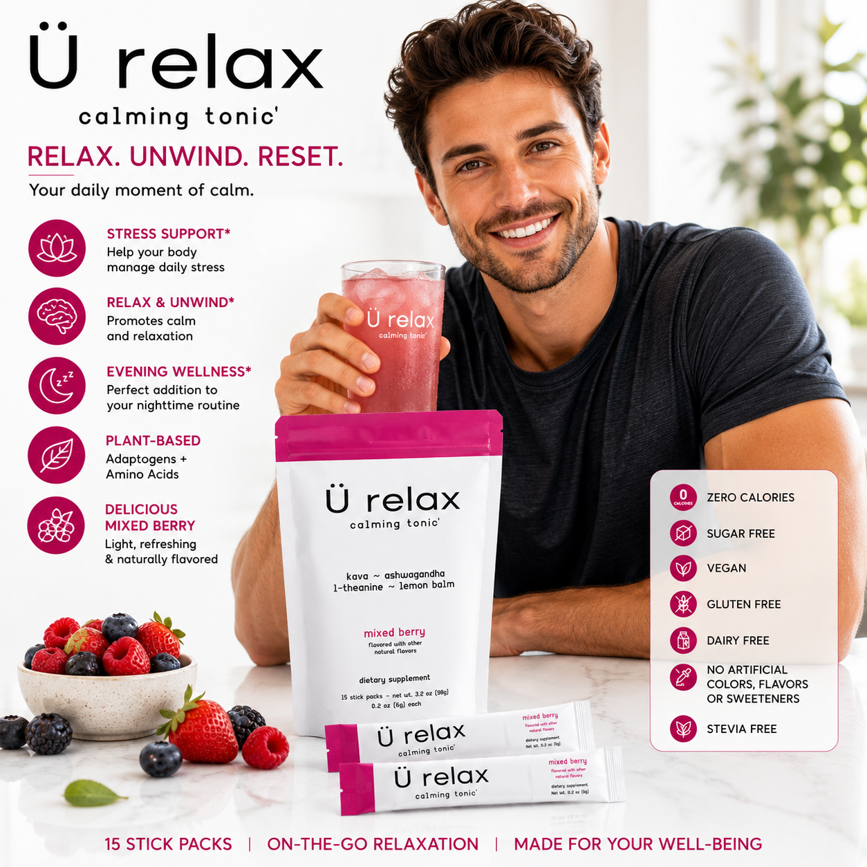 Ü Relax Calming tonic-MIXED BERRY flavor relax calming drink-15 Packets