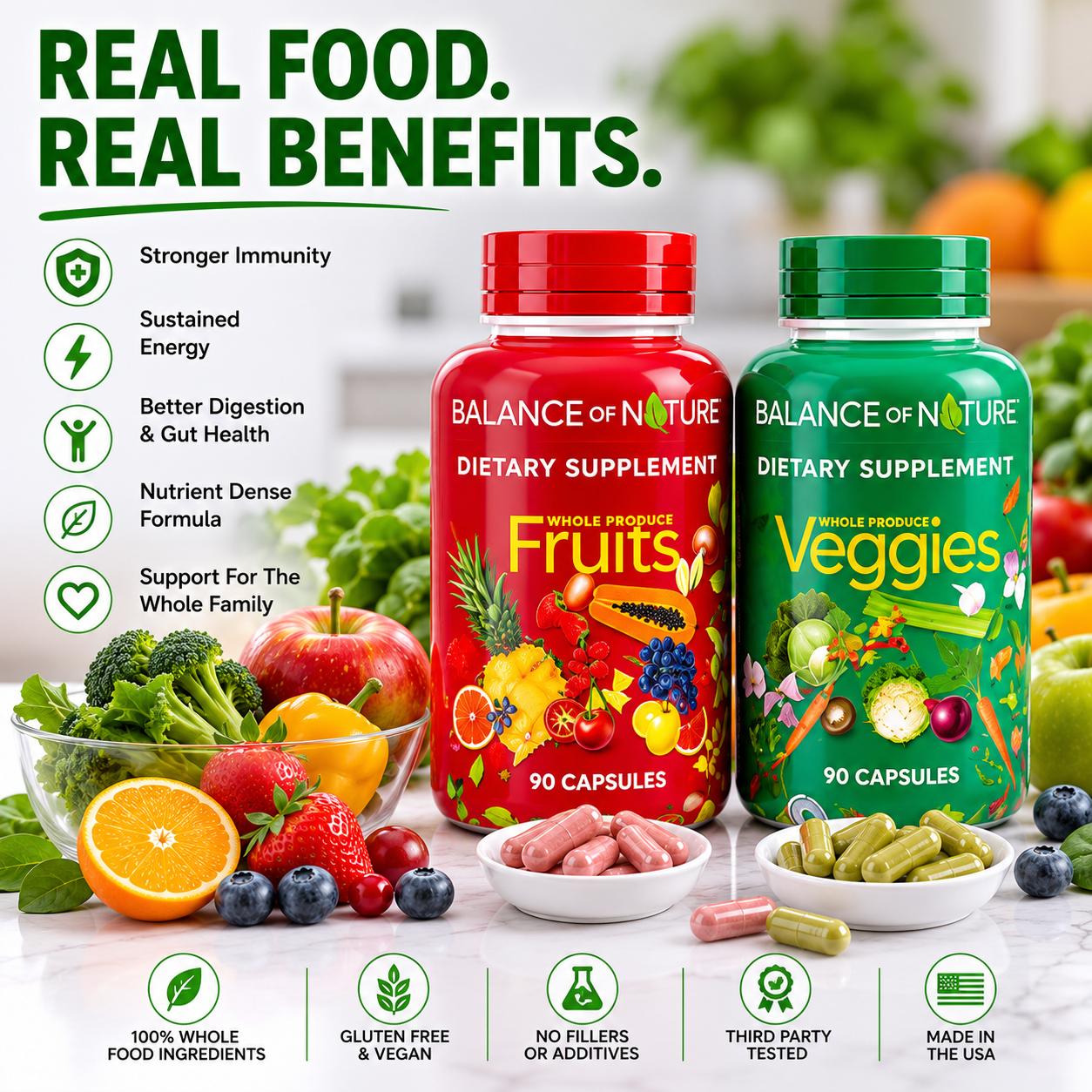 Balance of Nature Fruits & Veggies Supplement, Whole Food Vitamins for Men, Women & Kids