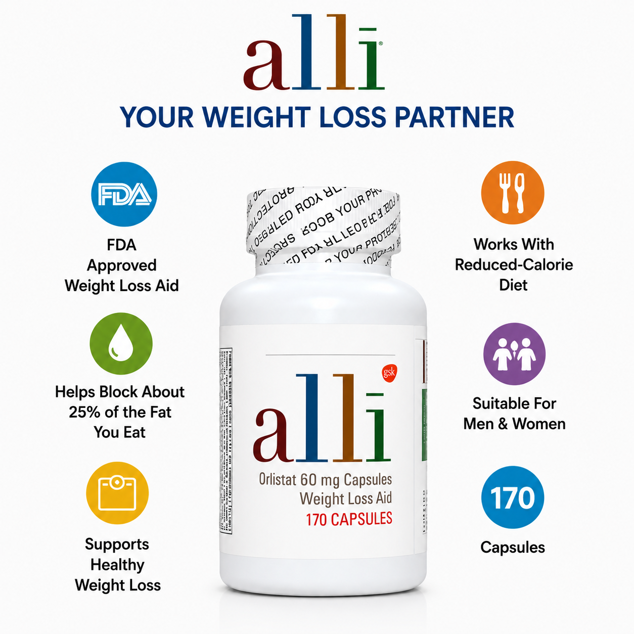 Alli Weight Loss Pills – Orlistat 60mg Diet Supplement 170 Capsules