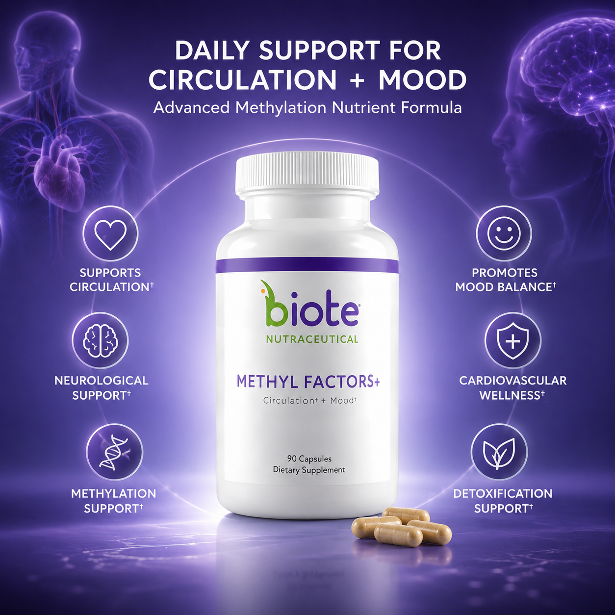 Biote Methyl Factors+Heart, Mood & Energy Support  90 Capsules