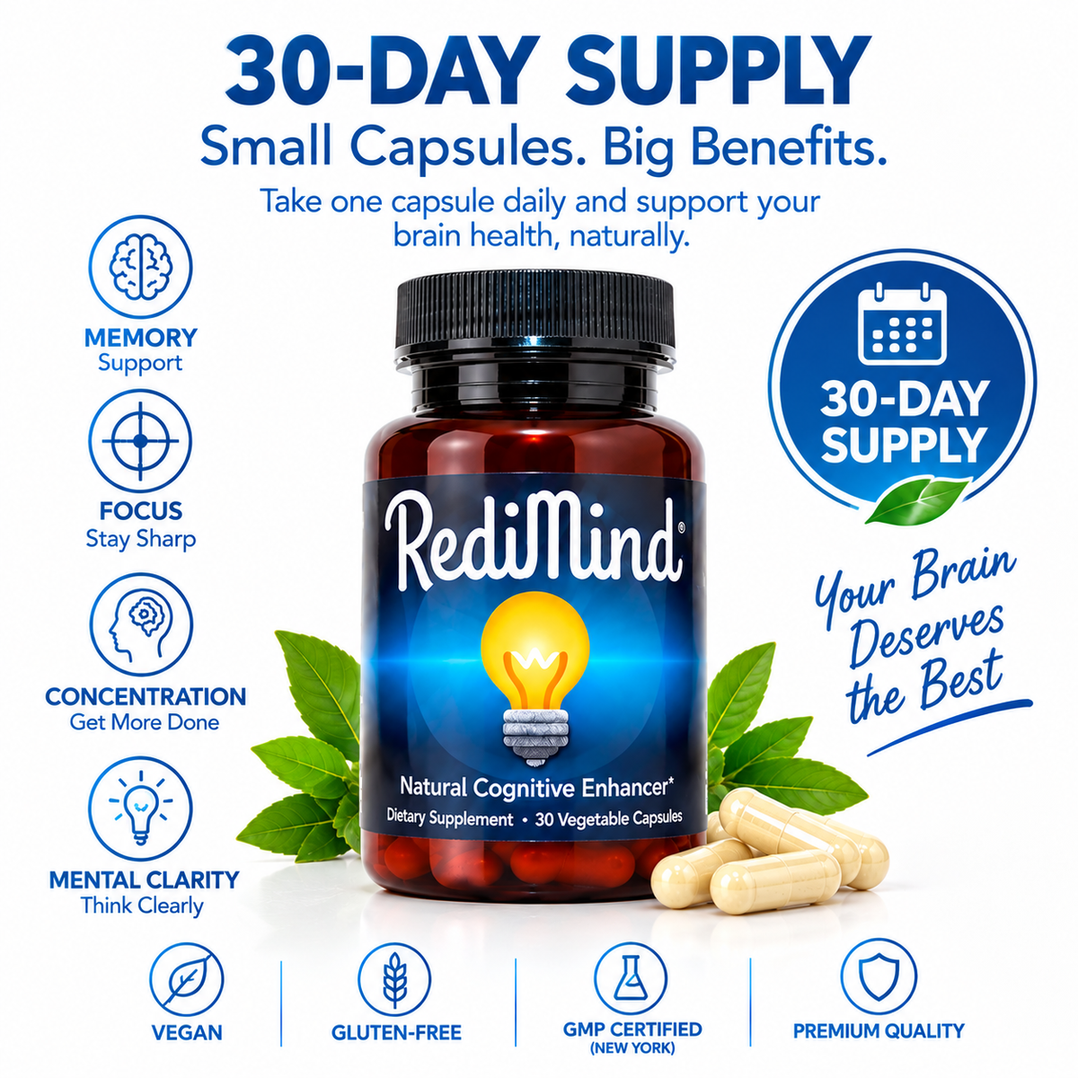 RediMind Brain Supplement Memory Focus & Mental Clarity; Alpha GPC & Ginkgo Biloba