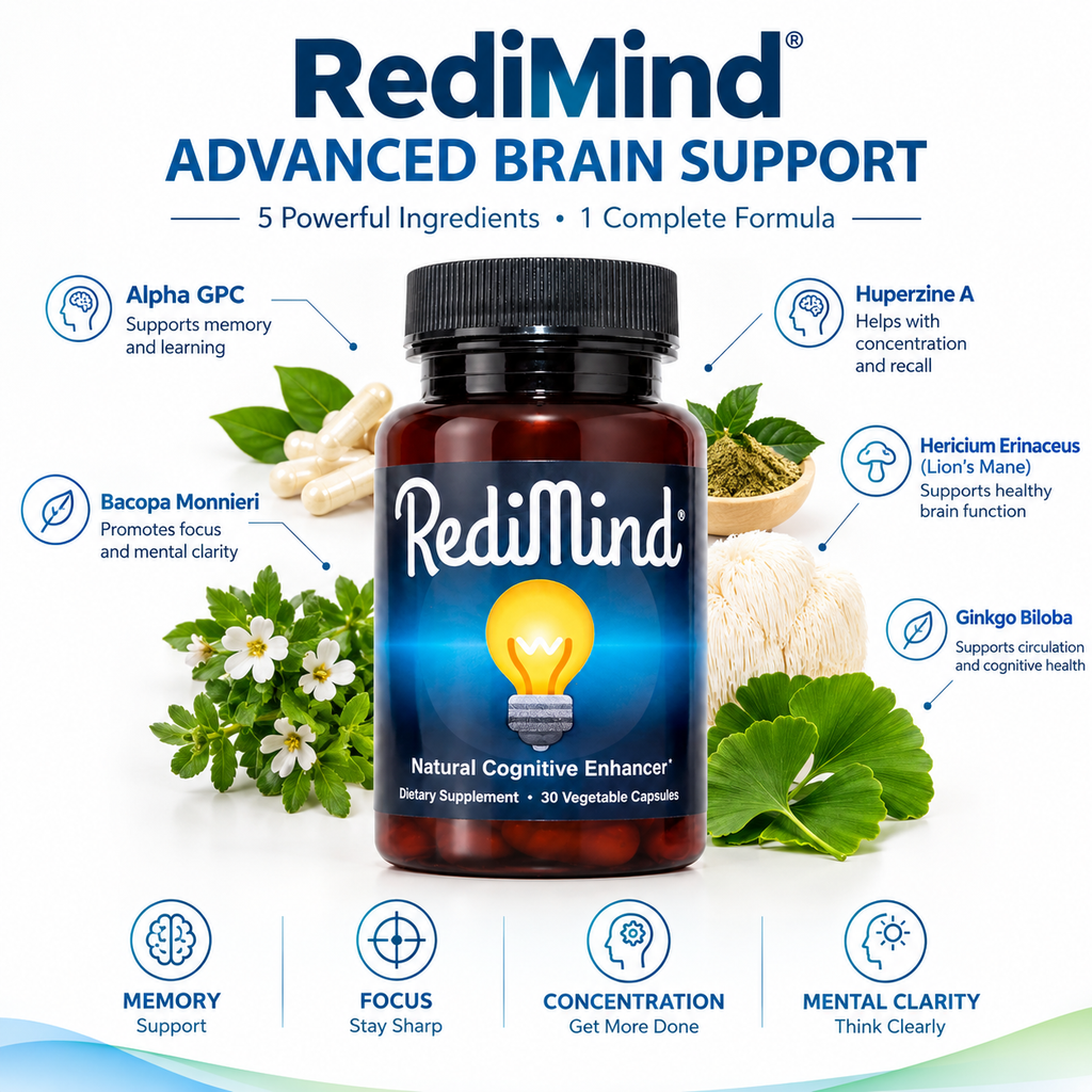 RediMind Brain Supplement Memory Focus & Mental Clarity; Alpha GPC & Ginkgo Biloba
