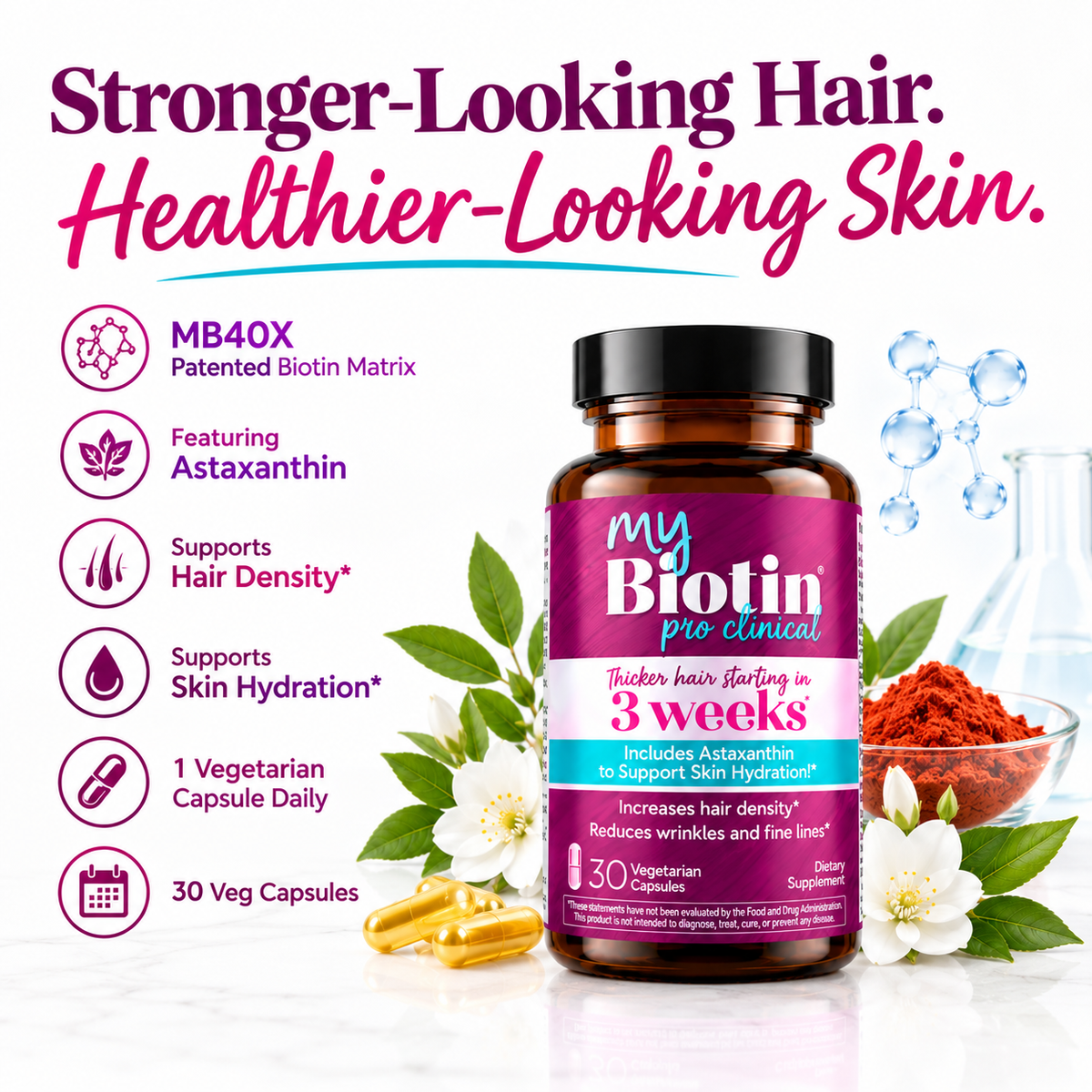 Purity Products MyBiotin, MB40X Patented Biotin B7 & Astaxanthin. Thicker Hair in 3 Weeks