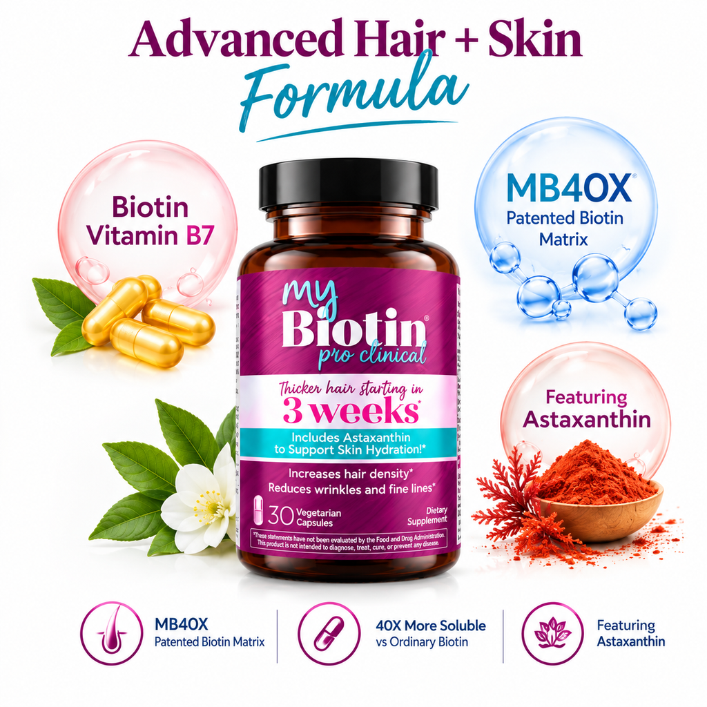 Purity Products MyBiotin, MB40X Patented Biotin B7 & Astaxanthin. Thicker Hair in 3 Weeks